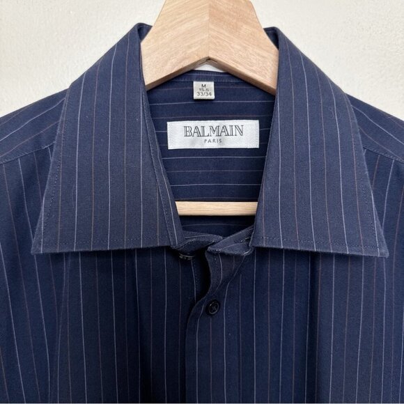 Balmain Paris Mens Medium 15.5 Pinstripe Navy Dress Shirt - Picture 9 of 13